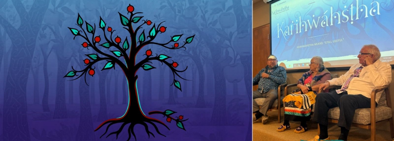 A drawing of a black tree with red berries and green leaves against a purple and blue tree background.