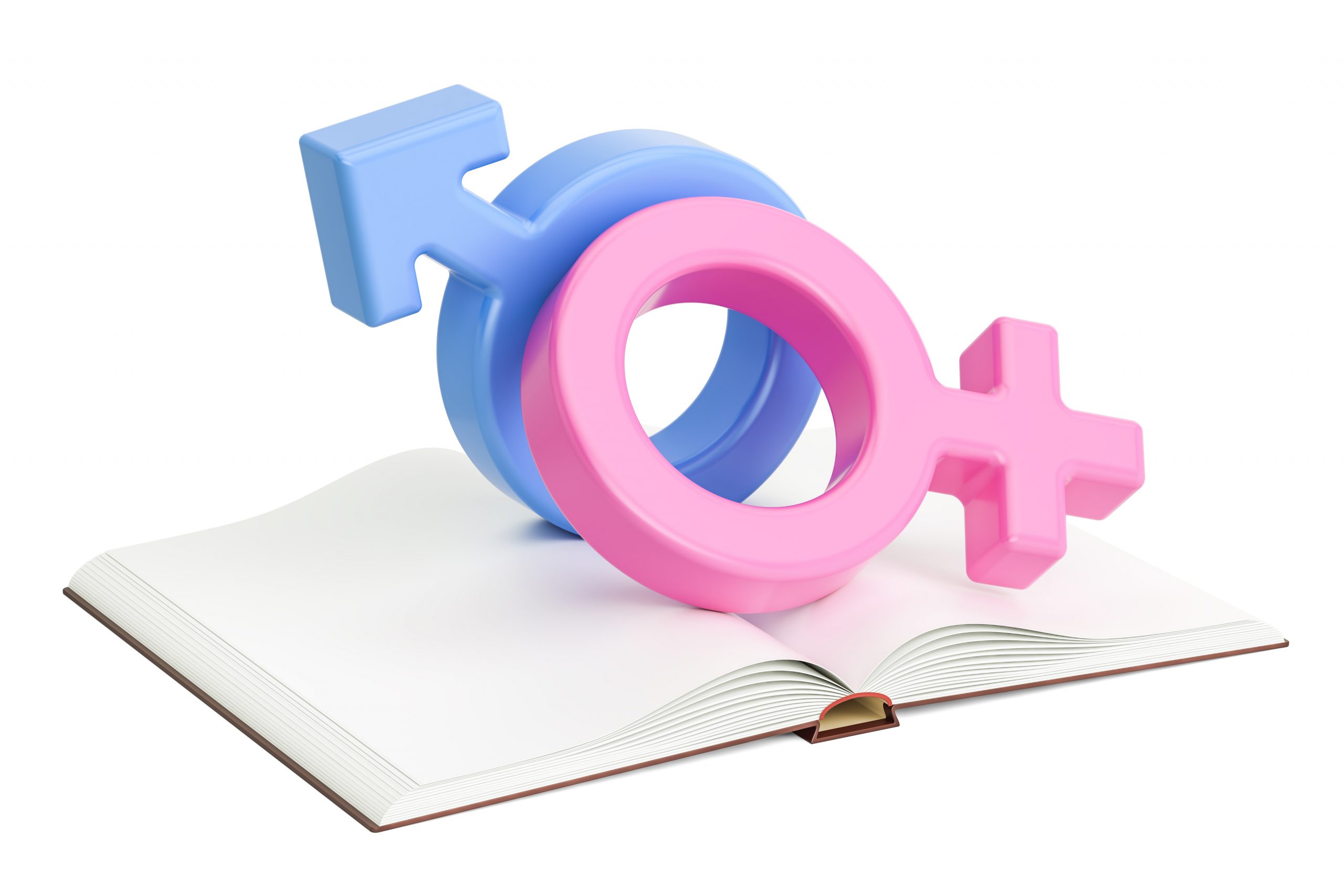 Opened blank book with female and male gender symbols, 3D rendering