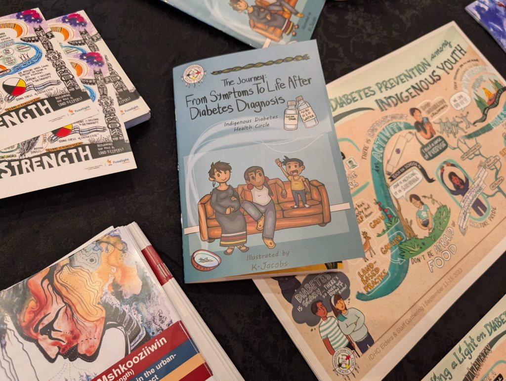 An overhead shot of educational booklets and posters from the Indigenous Diabetes Health Circle arranged on a black tablecloth. The central booklet is titled "The Journey: From Symptoms To Life After Diabetes Diagnosis" and features an illustration of an Indigenous family sitting on a couch. To the right is a poster titled "Diabetes Prevention among Indigenous Youth" filled with colorful, hand-drawn graphics and motivational text. Other illustrated pamphlets with themes of community strength and wellness are visible around the edges.